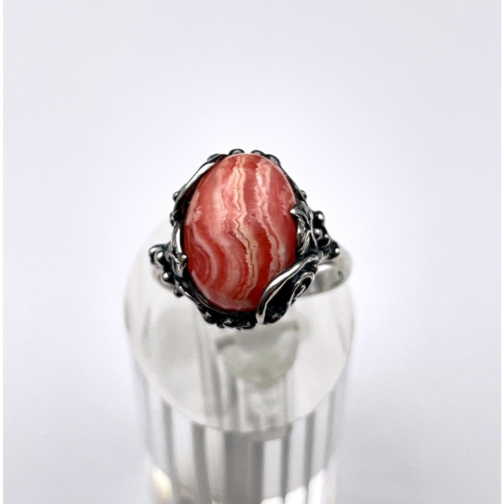 Vintage Pink Rhodochrosite Floral Ring Dainty Feminine Jewelry - Picture 3 of 11